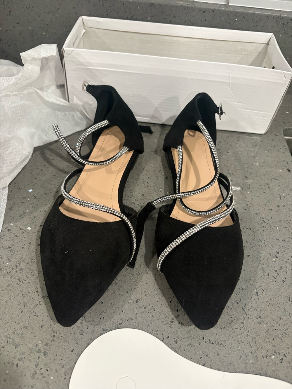 Black Pointed Rhinestone Strap Women's Flats
